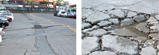 A section of damaged concrete street on lower Girard Avenue (left) and on Coast Boulevard adjacent Scripps Park. Photos by Pat Sherman 